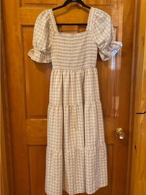 Gingham Smocked Puff-Sleeve Midi Dress
